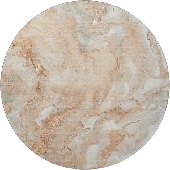 8' Salmon Gray And Ivory Abstract Washable Round Rug With UV Protection Photo 3