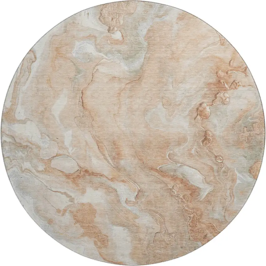 8' Salmon Gray And Ivory Abstract Washable Round Rug With UV Protection Photo 1