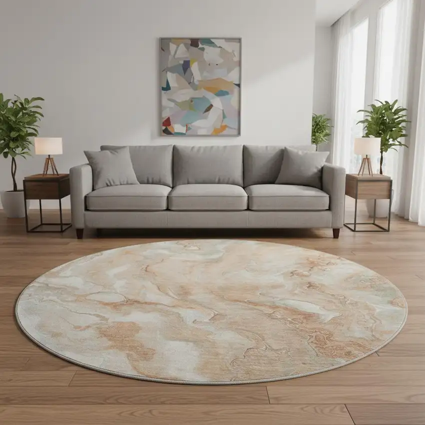 8' Salmon Gray And Ivory Abstract Washable Round Rug With UV Protection Photo 2