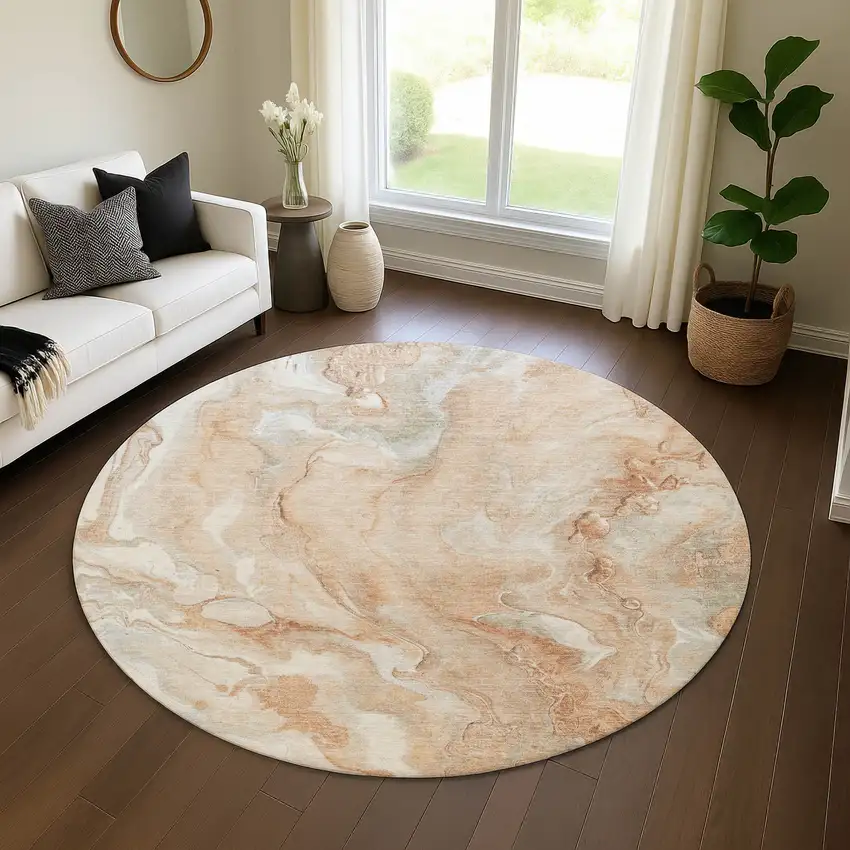 8' Salmon Gray And Ivory Abstract Washable Round Rug With UV Protection Photo 4