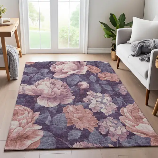 8' Salmon Gray And Ivory Floral Washable Area Rug With UV Protection Photo 5
