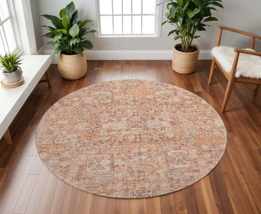 8' Salmon Gray And Ivory Floral Washable Round Rug With UV Protection Photo 2