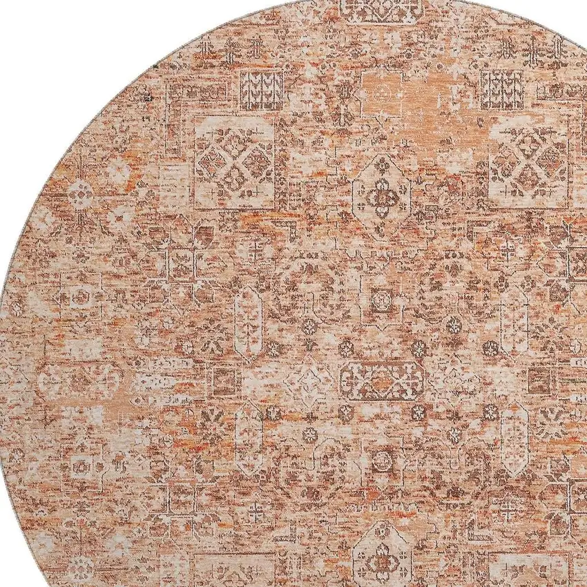 8' Salmon Gray And Ivory Floral Washable Round Rug With UV Protection Photo 3