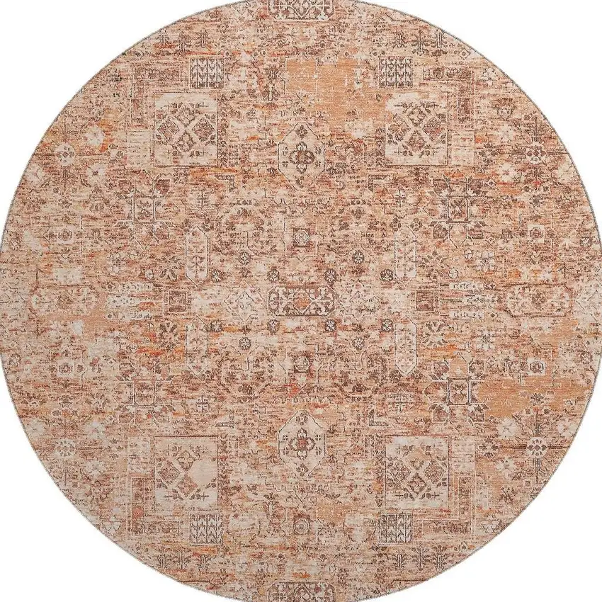 8' Salmon Gray And Ivory Floral Washable Round Rug With UV Protection Photo 4