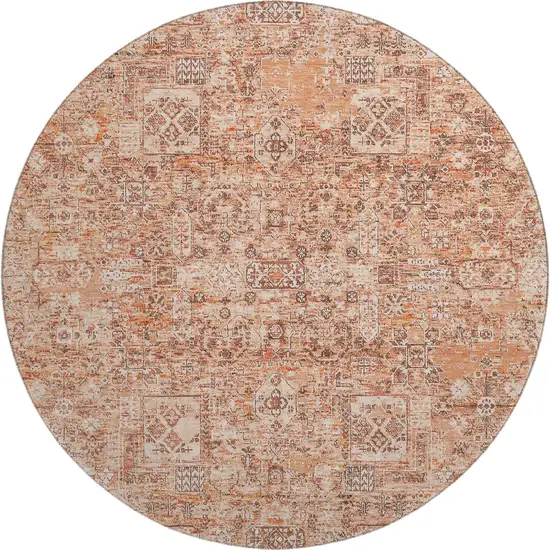 8' Salmon Gray And Ivory Floral Washable Round Rug With UV Protection Photo 1