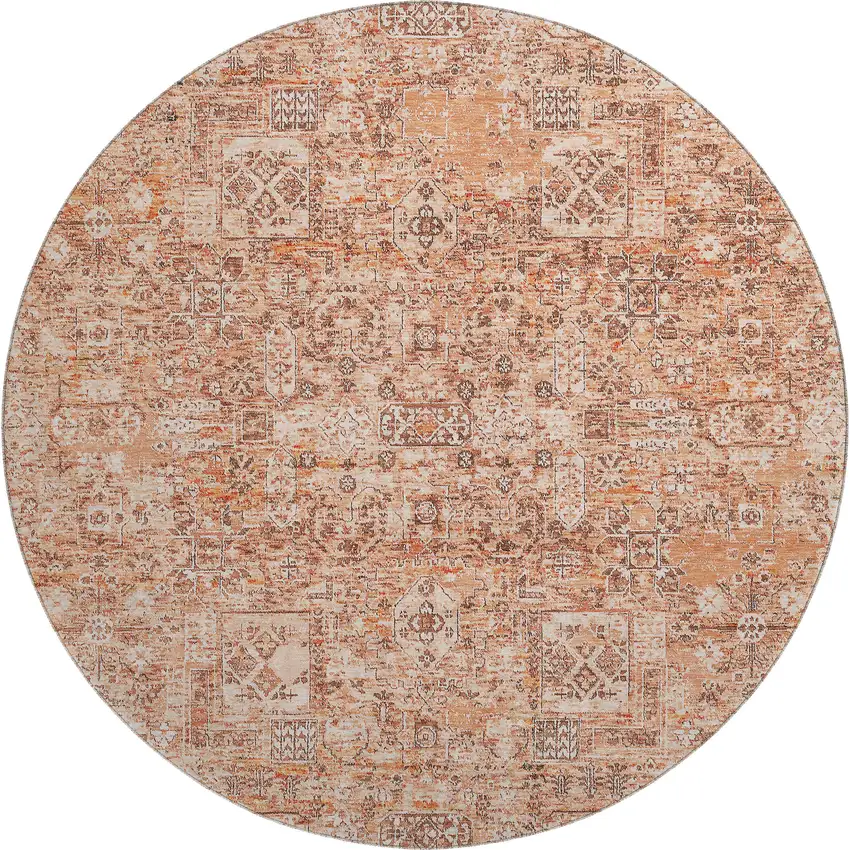 8' Salmon Gray And Ivory Floral Washable Round Rug With UV Protection Photo 1