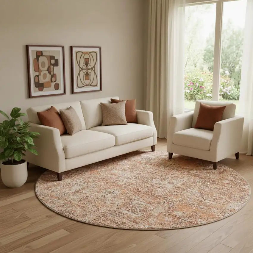 8' Salmon Gray And Ivory Floral Washable Round Rug With UV Protection Photo 1