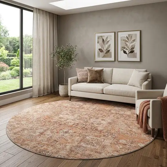 8' Salmon Gray And Ivory Floral Washable Round Rug With UV Protection Photo 1