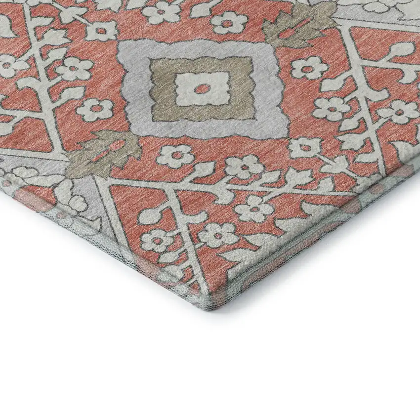 8' Salmon Gray And Ivory Floral Washable Round Rug With UV Protection Photo 8