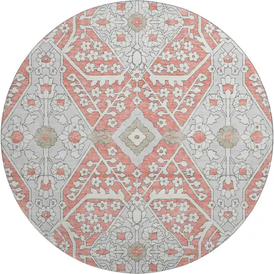 8' Salmon Gray And Ivory Floral Washable Round Rug With UV Protection Photo 2