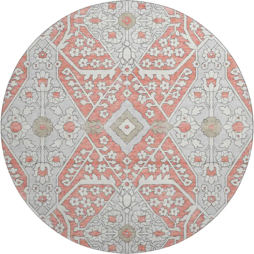 8' Salmon Gray And Ivory Floral Washable Round Rug With UV Protection Photo 2