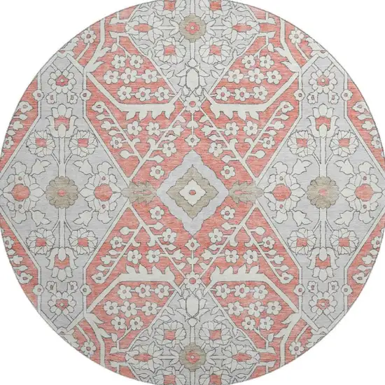 8' Salmon Gray And Ivory Floral Washable Round Rug With UV Protection Photo 5