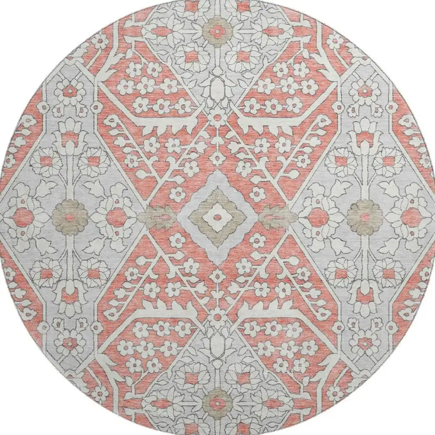 8' Salmon Gray And Ivory Floral Washable Round Rug With UV Protection Photo 5