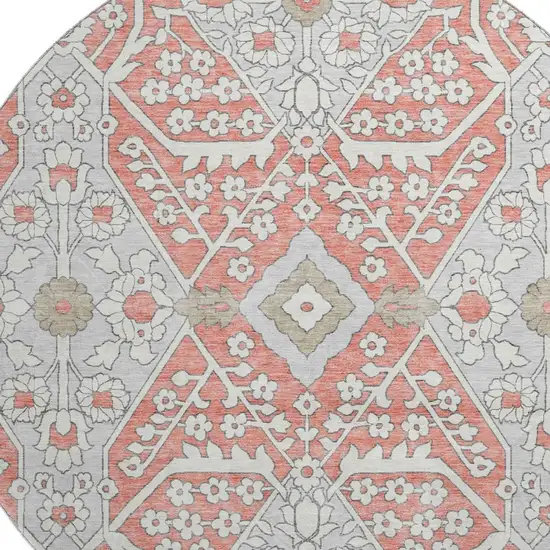 8' Salmon Gray And Ivory Floral Washable Round Rug With UV Protection Photo 4