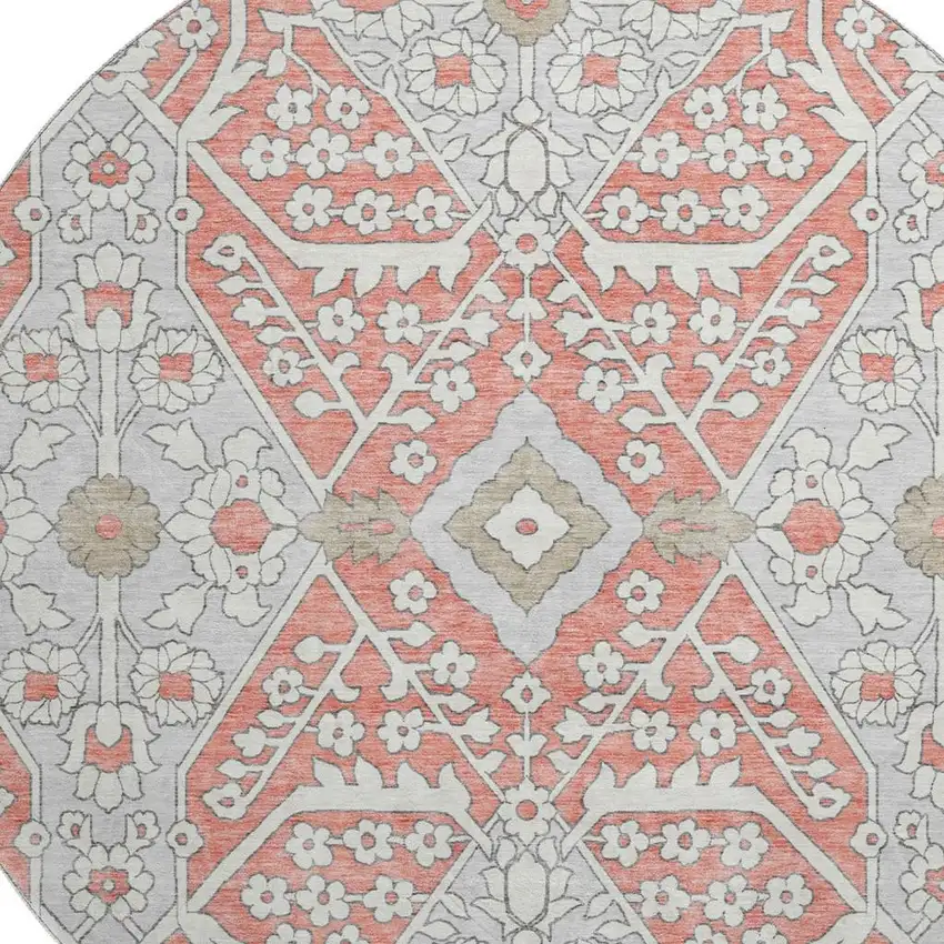 8' Salmon Gray And Ivory Floral Washable Round Rug With UV Protection Photo 4