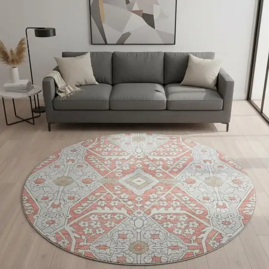 8' Salmon Gray And Ivory Floral Washable Round Rug With UV Protection Photo 1