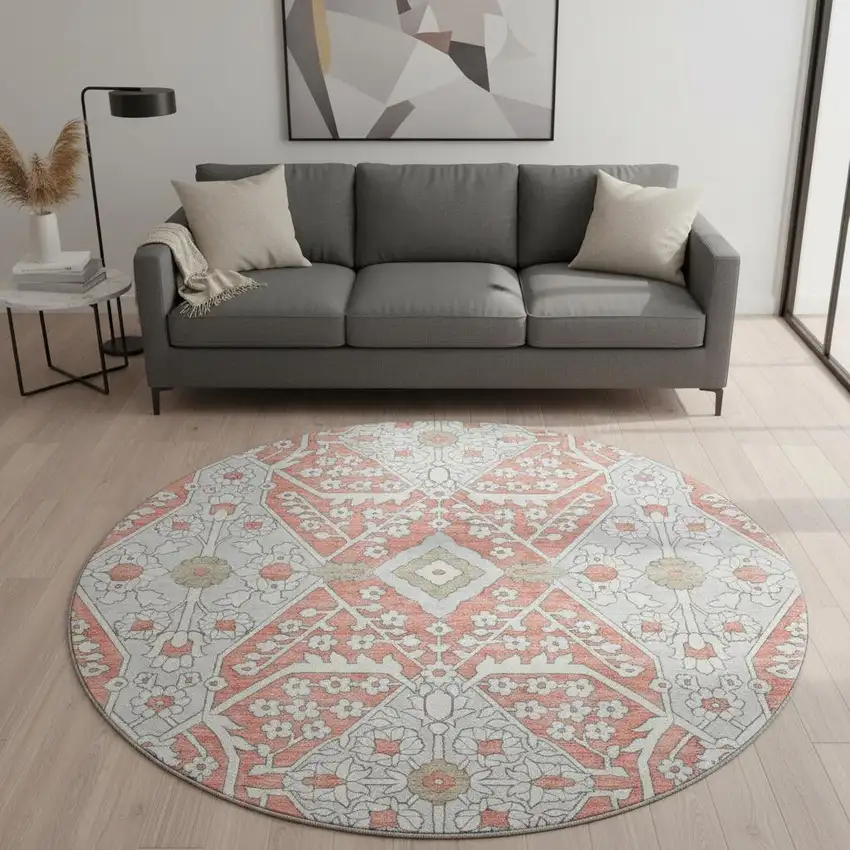 8' Salmon Gray And Ivory Floral Washable Round Rug With UV Protection Photo 1