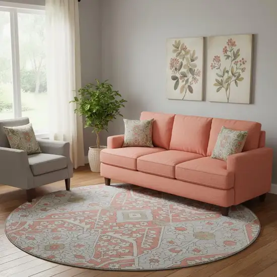 8' Salmon Gray And Ivory Floral Washable Round Rug With UV Protection Photo 1