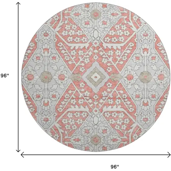 8' Salmon Gray And Ivory Floral Washable Round Rug With UV Protection Photo 3