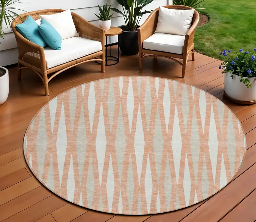 8' Salmon Gray And Ivory Round Geometric Washable Indoor Outdoor Area Rug Photo 1