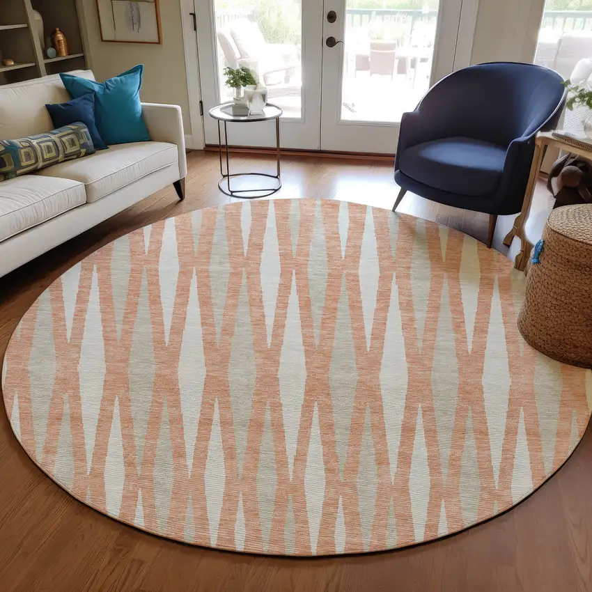 8' Salmon Gray And Ivory Round Geometric Washable Indoor Outdoor Area Rug Photo 8