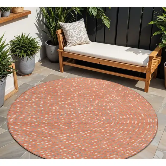 8' Salmon Gray And Ivory Round Polka Dot Washable Indoor Outdoor Area Rug Photo 1