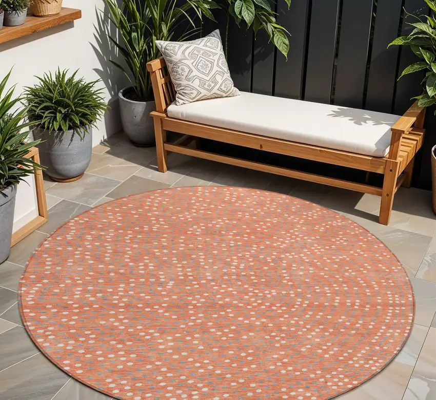 8' Salmon Gray And Ivory Round Polka Dot Washable Indoor Outdoor Area Rug Photo 1