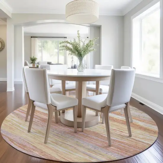 8' Salmon Gray And Lavender Round Abstract Washable Indoor Outdoor Area Rug Photo 7