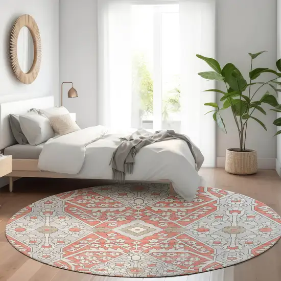 8' Salmon Gray And Taupe Round Floral Washable Indoor Outdoor Area Rug Photo 8