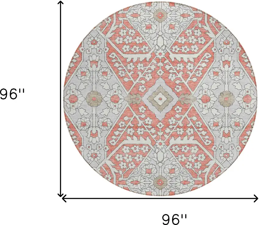 8' Salmon Gray And Taupe Round Floral Washable Indoor Outdoor Area Rug Photo 3