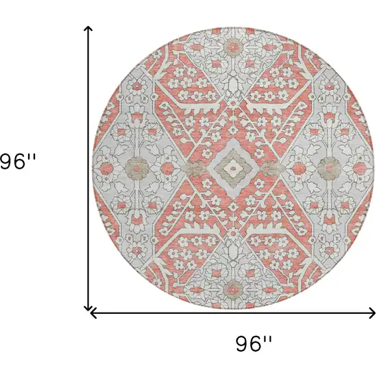8' Salmon Gray And Taupe Round Floral Washable Indoor Outdoor Area Rug Photo 3