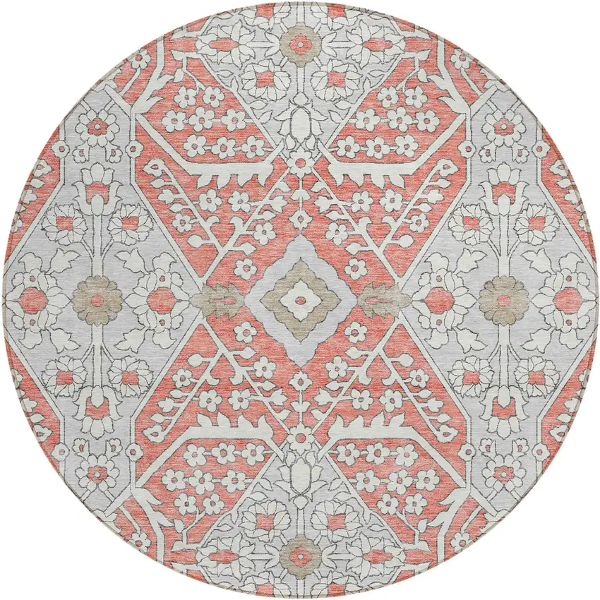 8' Salmon Gray And Taupe Round Floral Washable Indoor Outdoor Area Rug Photo 2