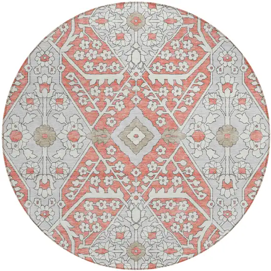 8' Salmon Gray And Taupe Round Floral Washable Indoor Outdoor Area Rug Photo 2