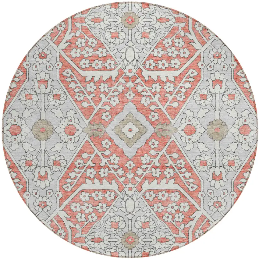 8' Salmon Gray And Taupe Round Floral Washable Indoor Outdoor Area Rug Photo 2