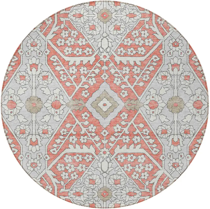 8' Salmon Gray And Taupe Round Floral Washable Indoor Outdoor Area Rug Photo 6