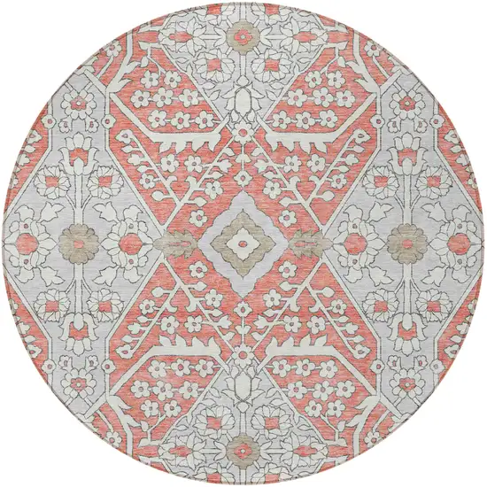 8' Salmon Gray And Taupe Round Floral Washable Indoor Outdoor Area Rug Photo 6