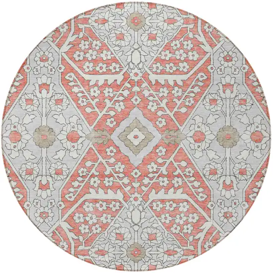 8' Salmon Gray And Taupe Round Floral Washable Indoor Outdoor Area Rug Photo 6