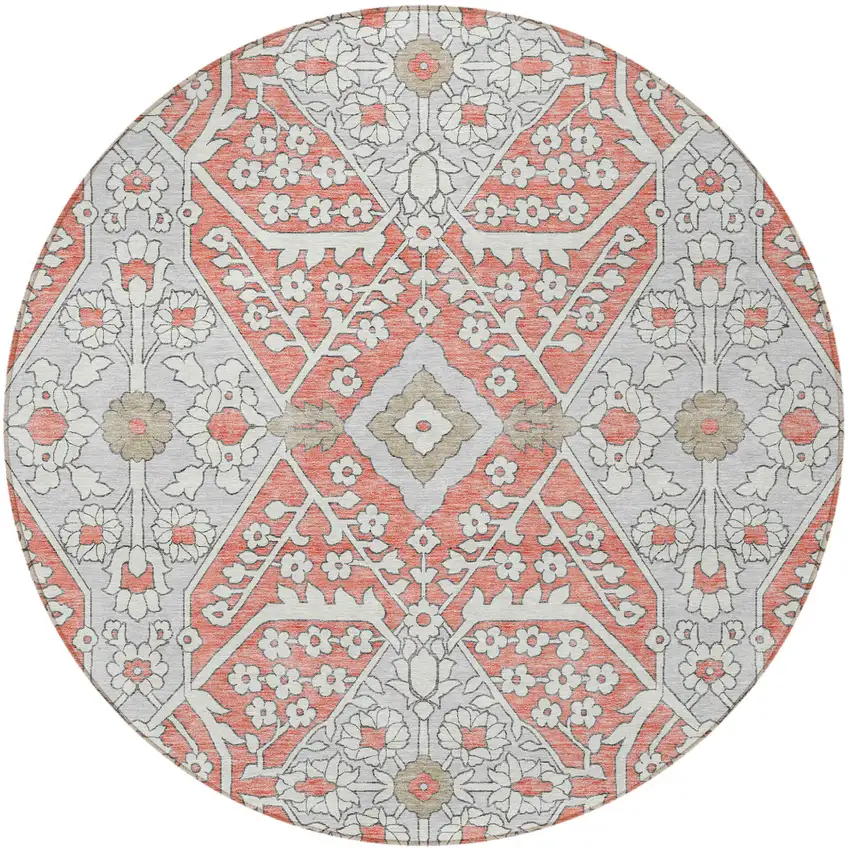 8' Salmon Gray And Taupe Round Floral Washable Indoor Outdoor Area Rug Photo 6