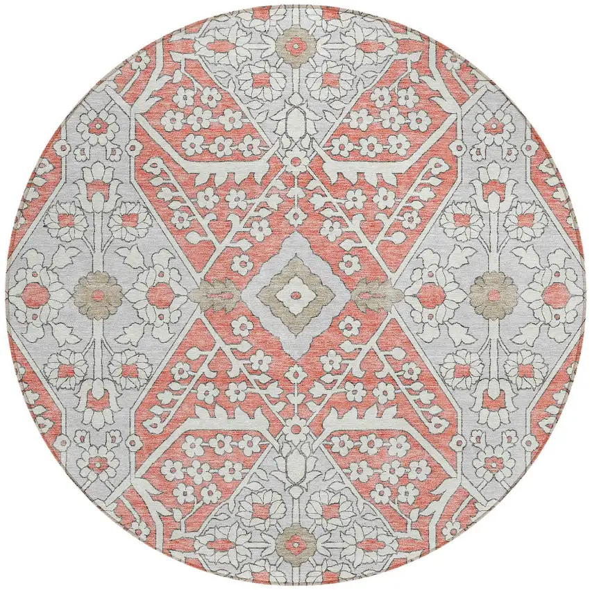 8' Salmon Gray And Taupe Round Floral Washable Indoor Outdoor Area Rug Photo 5
