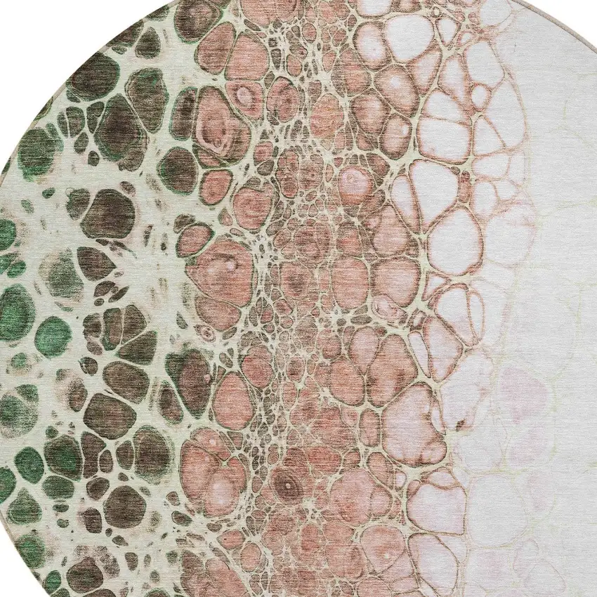 8' Salmon Green And Chocolate Round Abstract Washable Indoor Outdoor Area Rug Photo 5