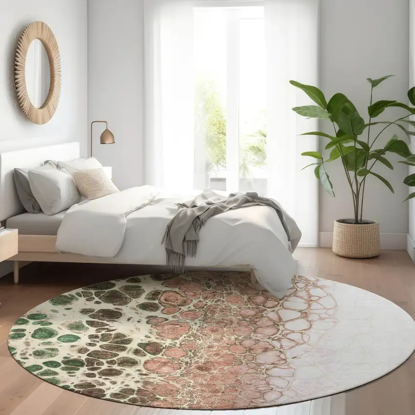 8' Salmon Green And Chocolate Round Abstract Washable Indoor Outdoor Area Rug Photo 8