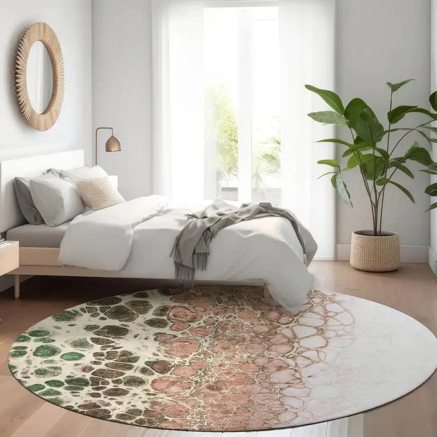 8' Salmon Green And Chocolate Round Abstract Washable Indoor Outdoor Area Rug Photo 8