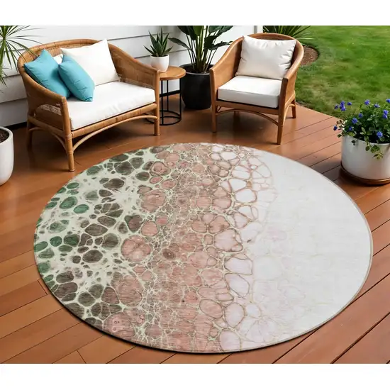 8' Salmon Green And Chocolate Round Abstract Washable Indoor Outdoor Area Rug Photo 1