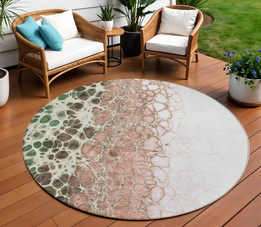 8' Salmon Green And Chocolate Round Abstract Washable Indoor Outdoor Area Rug Photo 1