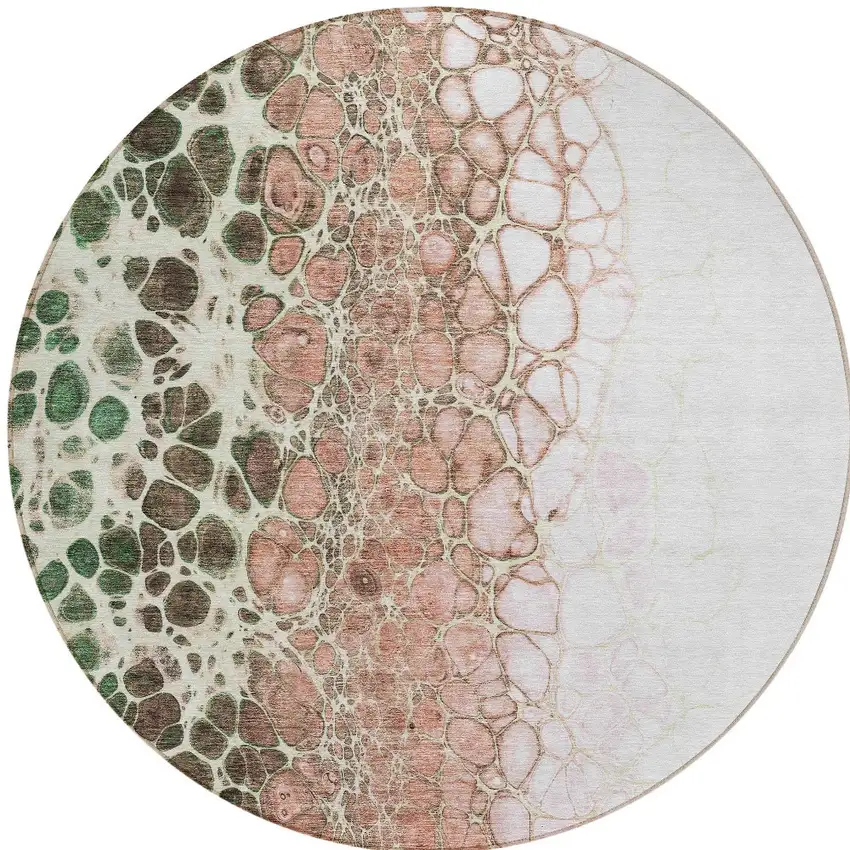 8' Salmon Green And Chocolate Round Abstract Washable Indoor Outdoor Area Rug Photo 6