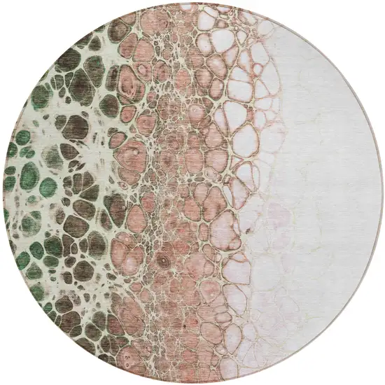 8' Salmon Green And Chocolate Round Abstract Washable Indoor Outdoor Area Rug Photo 1