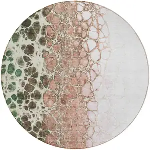 Photo of 8' Salmon Green And Chocolate Round Abstract Washable Indoor Outdoor Area Rug