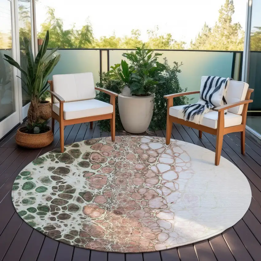 8' Salmon Green And Chocolate Round Abstract Washable Indoor Outdoor Area Rug Photo 7