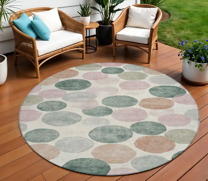 8' Salmon Green And Peach Round Geometric Washable Indoor Outdoor Area Rug Photo 2