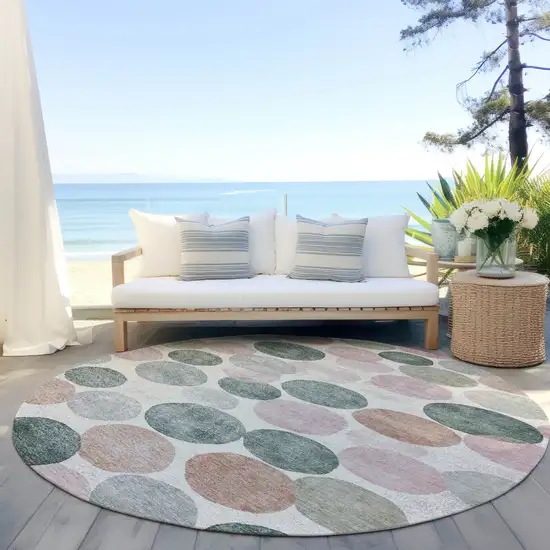 8' Salmon Green And Peach Round Geometric Washable Indoor Outdoor Area Rug Photo 6